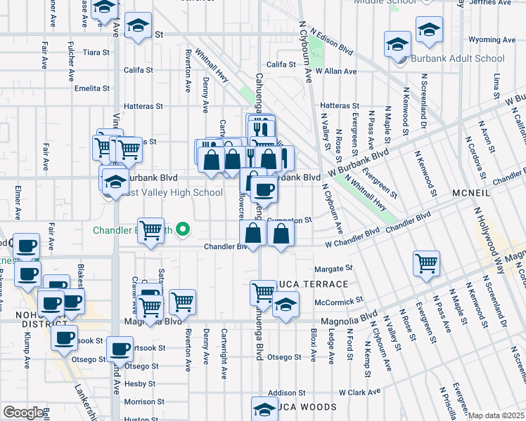 map of restaurants, bars, coffee shops, grocery stores, and more near 5439 Cahuenga Boulevard in Los Angeles