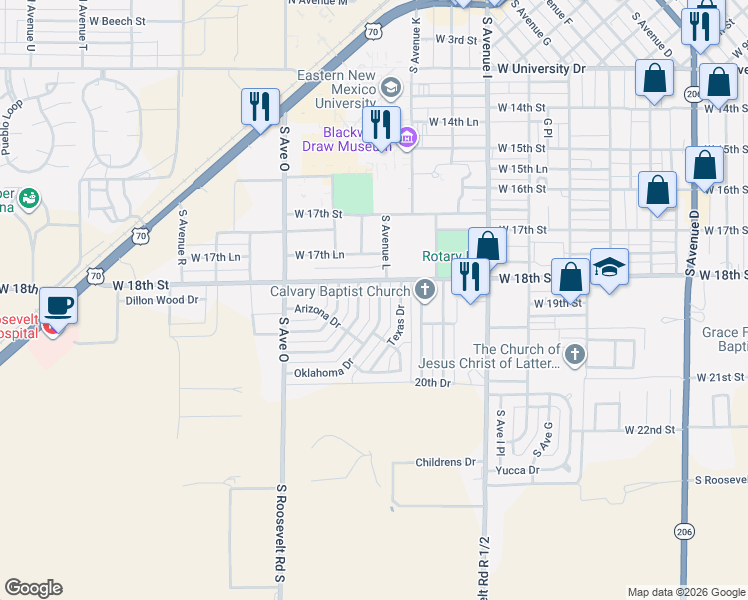 map of restaurants, bars, coffee shops, grocery stores, and more near 124 Oklahoma Drive in Portales