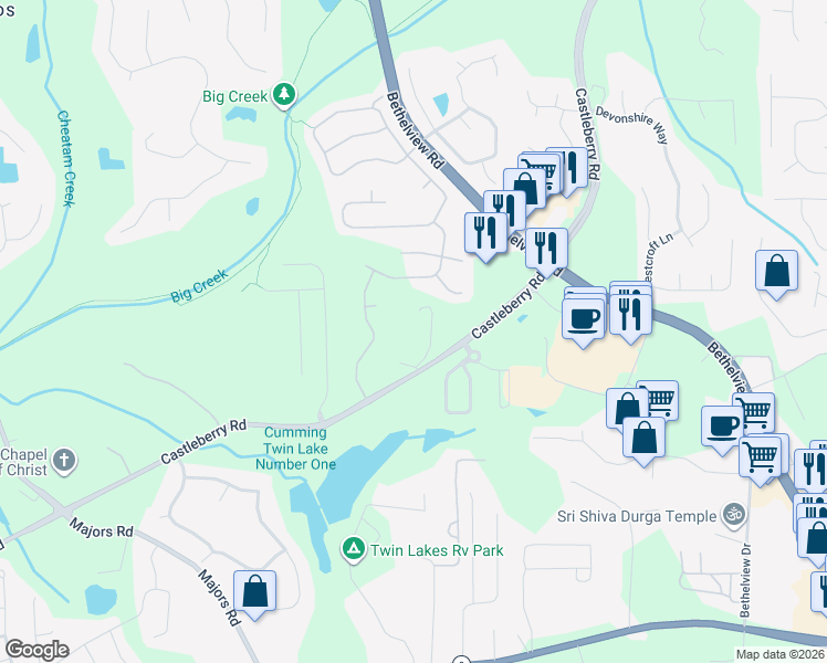 map of restaurants, bars, coffee shops, grocery stores, and more near 5702 Castleberry Road in Cumming