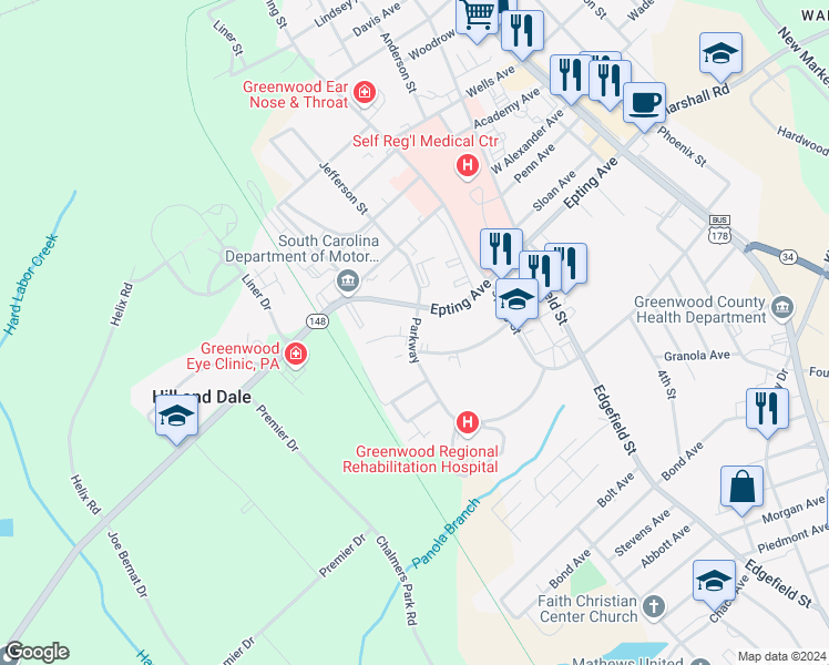 map of restaurants, bars, coffee shops, grocery stores, and more near 1442 Parkway in Greenwood