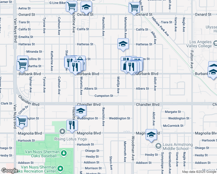 map of restaurants, bars, coffee shops, grocery stores, and more near 13854 Albers Street in Los Angeles