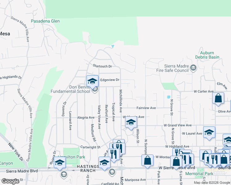 map of restaurants, bars, coffee shops, grocery stores, and more near 1400 Tropical Avenue in Pasadena