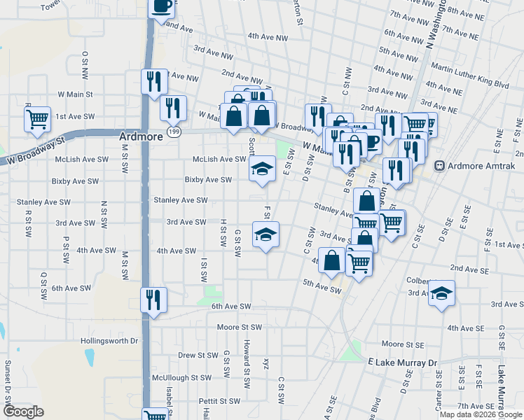 map of restaurants, bars, coffee shops, grocery stores, and more near 228 E Street Southwest in Ardmore