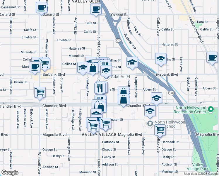 map of restaurants, bars, coffee shops, grocery stores, and more near 12017 Albers Street in Los Angeles