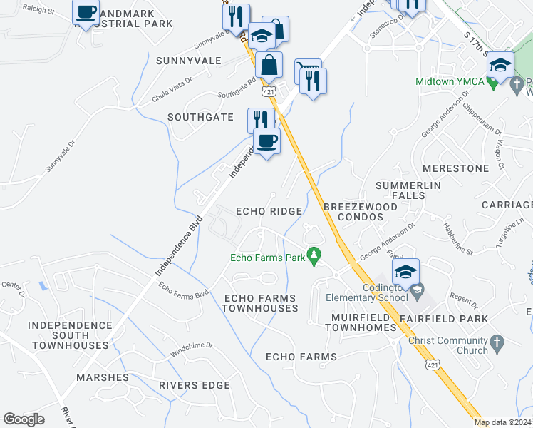 map of restaurants, bars, coffee shops, grocery stores, and more near 412 Ridge Road in Wilmington