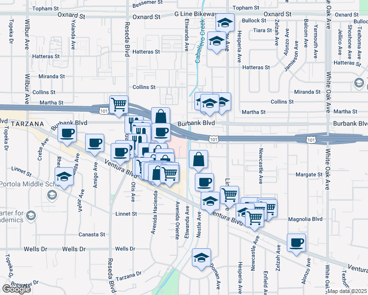 map of restaurants, bars, coffee shops, grocery stores, and more near 5525 Etiwanda Avenue in Los Angeles