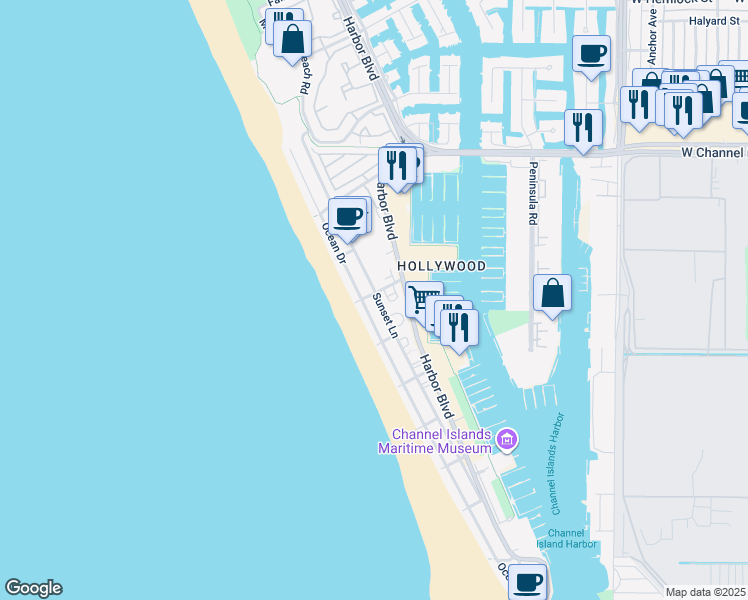 map of restaurants, bars, coffee shops, grocery stores, and more near 116 La Brea Street in Oxnard