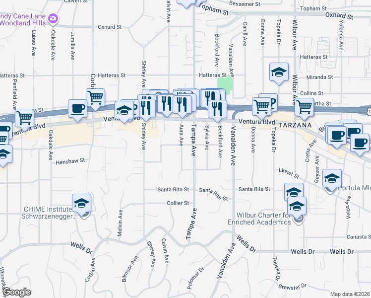 map of restaurants, bars, coffee shops, grocery stores, and more near 5454 Aura Avenue in Los Angeles