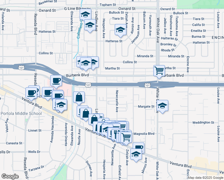 map of restaurants, bars, coffee shops, grocery stores, and more near 5501 Newcastle Avenue in Los Angeles