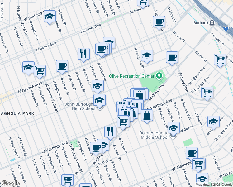 map of restaurants, bars, coffee shops, grocery stores, and more near 331 North Reese Place in Burbank