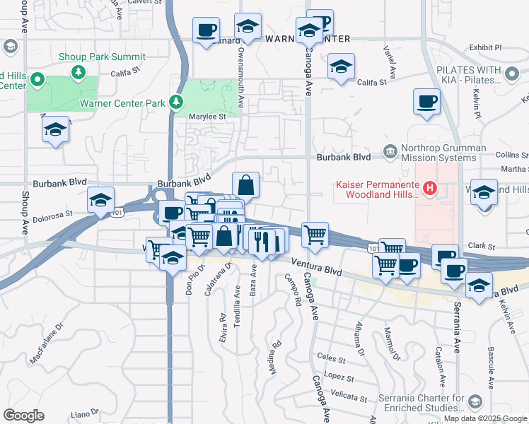 map of restaurants, bars, coffee shops, grocery stores, and more near 5530 Owensmouth Avenue in Los Angeles