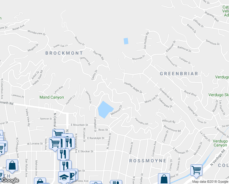 map of restaurants, bars, coffee shops, grocery stores, and more near 1620 Melwood Drive in Glendale
