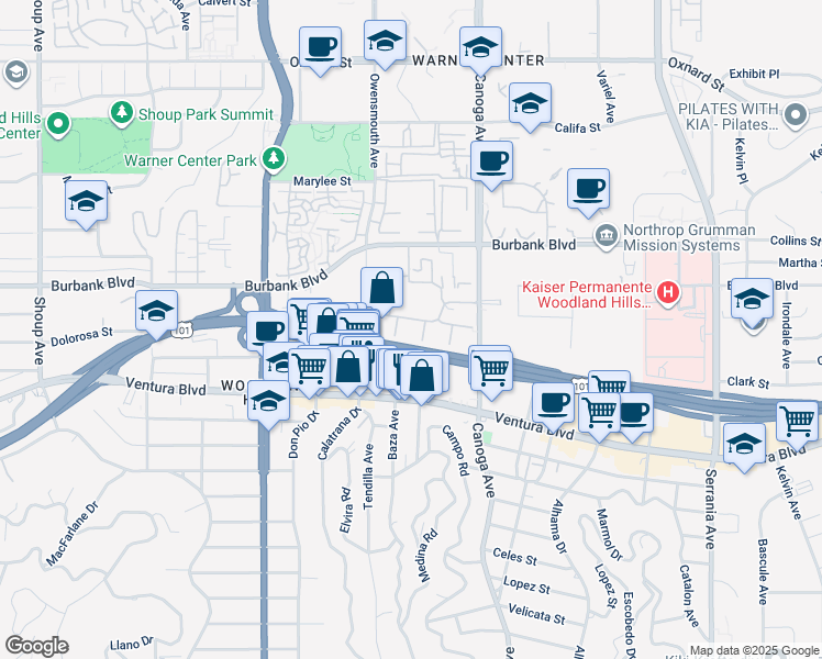 map of restaurants, bars, coffee shops, grocery stores, and more near 5530 Owensmouth Avenue in Los Angeles