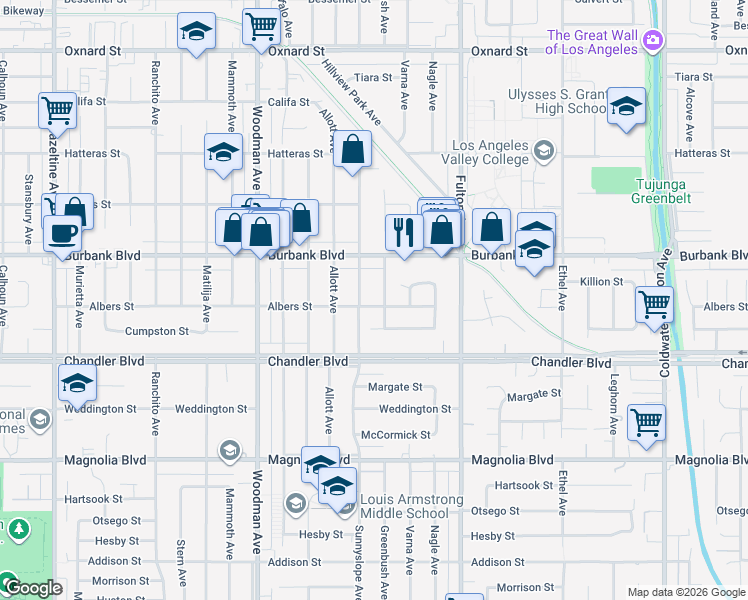 map of restaurants, bars, coffee shops, grocery stores, and more near 13451 Albers Street in Los Angeles