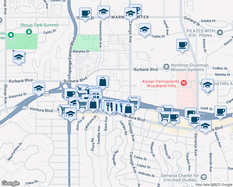map of restaurants, bars, coffee shops, grocery stores, and more near 5525 Canoga Avenue in Los Angeles