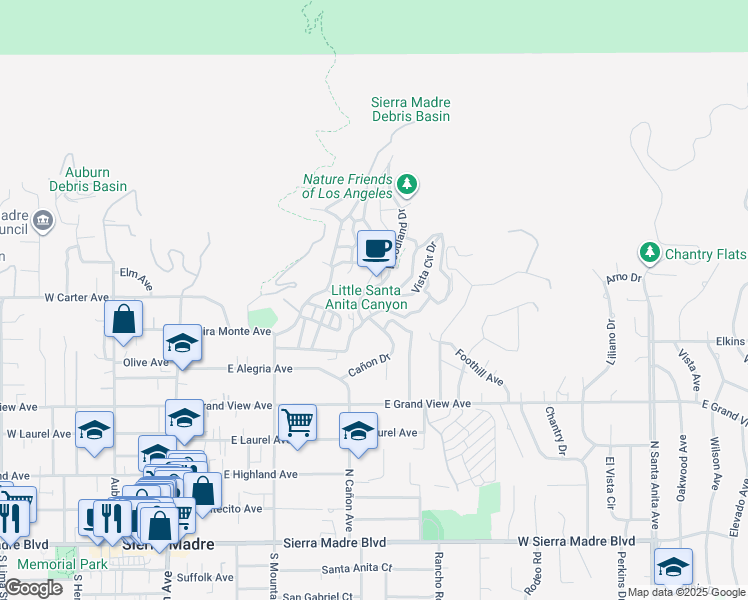 map of restaurants, bars, coffee shops, grocery stores, and more near 475 Sturtevant Drive in Sierra Madre