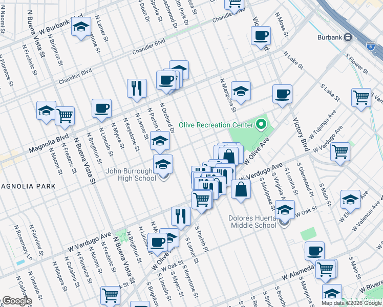 map of restaurants, bars, coffee shops, grocery stores, and more near 331 North Reese Place in Burbank