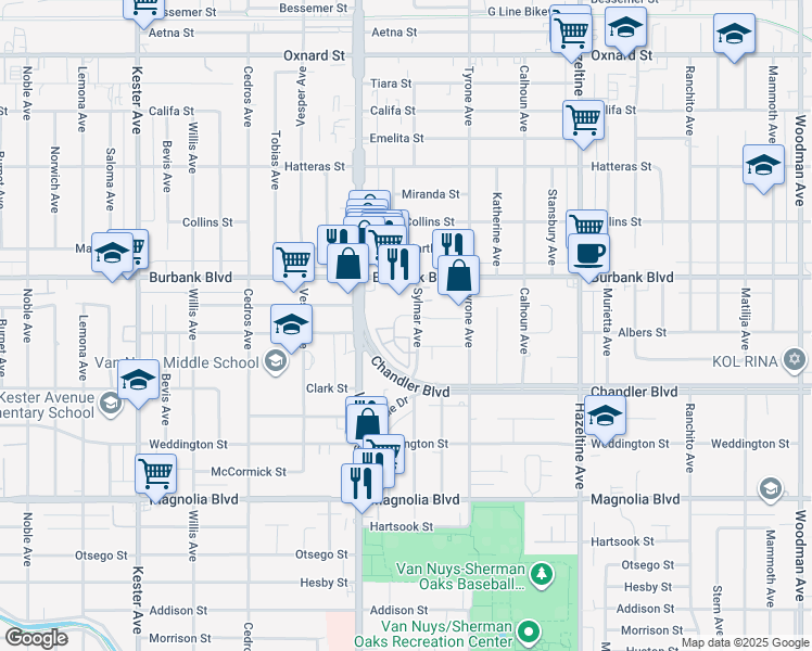 map of restaurants, bars, coffee shops, grocery stores, and more near 14412 Killion Street in Los Angeles