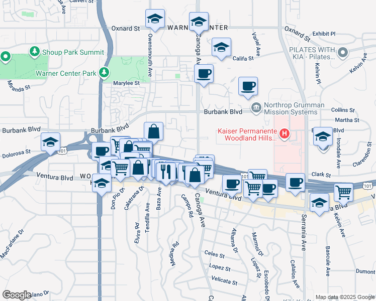 map of restaurants, bars, coffee shops, grocery stores, and more near 5515 Canoga Avenue in Los Angeles