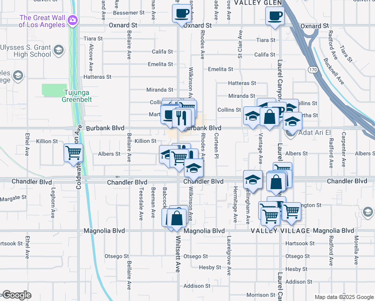 map of restaurants, bars, coffee shops, grocery stores, and more near 12439 Albers Street in Los Angeles