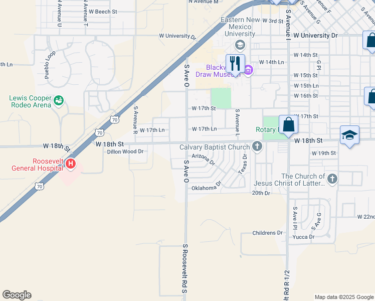 map of restaurants, bars, coffee shops, grocery stores, and more near 1508 Arizona Drive in Portales