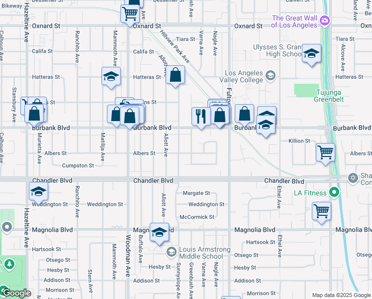 map of restaurants, bars, coffee shops, grocery stores, and more near 13451 Albers Street in Los Angeles