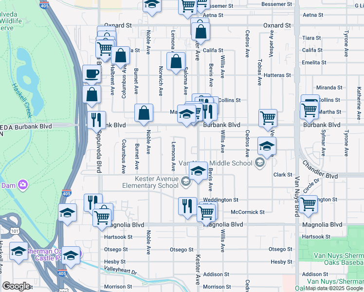 map of restaurants, bars, coffee shops, grocery stores, and more near 5509 Saloma Avenue in Los Angeles
