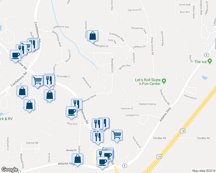 map of restaurants, bars, coffee shops, grocery stores, and more near 6120 Turfway Drive in Cumming