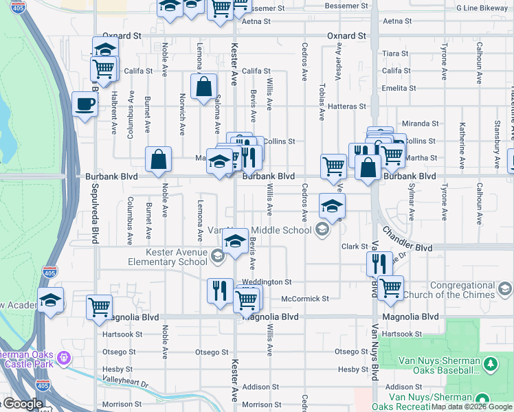 map of restaurants, bars, coffee shops, grocery stores, and more near 5506 Bevis Avenue in Los Angeles