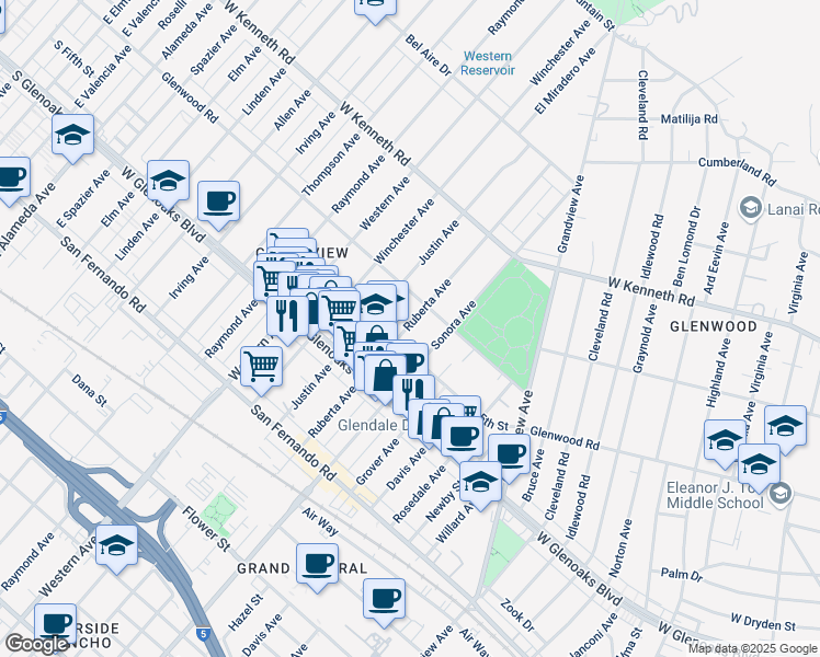 map of restaurants, bars, coffee shops, grocery stores, and more near 1130 Ruberta Avenue in Glendale