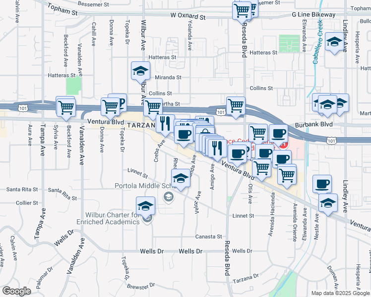 map of restaurants, bars, coffee shops, grocery stores, and more near 18700 Ventura Boulevard in Los Angeles