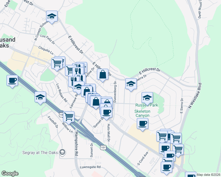 map of restaurants, bars, coffee shops, grocery stores, and more near 141 Duesenberg Drive in Westlake Village