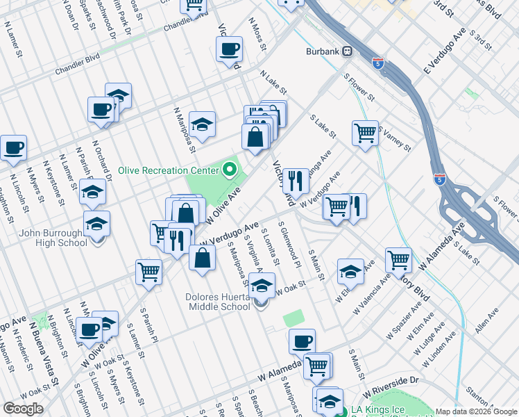 map of restaurants, bars, coffee shops, grocery stores, and more near 1024 West Angeleno Avenue in Burbank