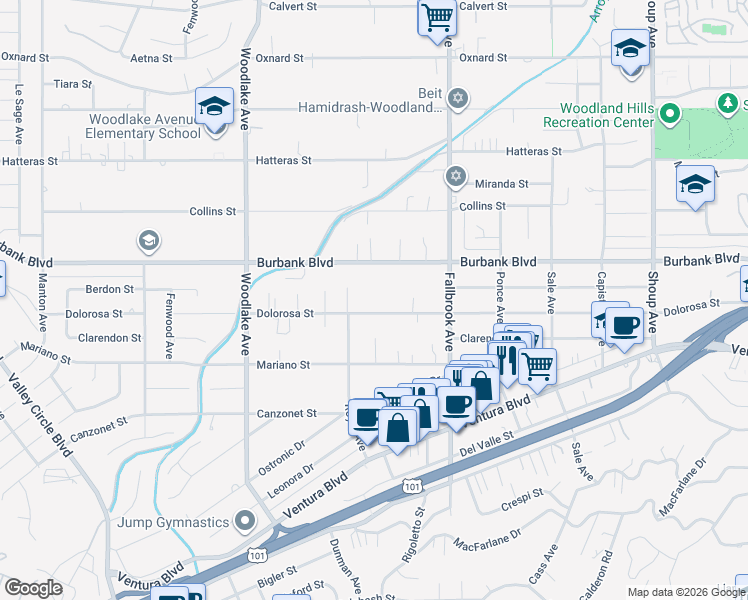 map of restaurants, bars, coffee shops, grocery stores, and more near 22931 Dolorosa Street in Los Angeles