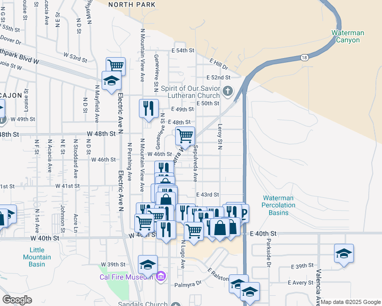 map of restaurants, bars, coffee shops, grocery stores, and more near 166 East 45th Street in San Bernardino