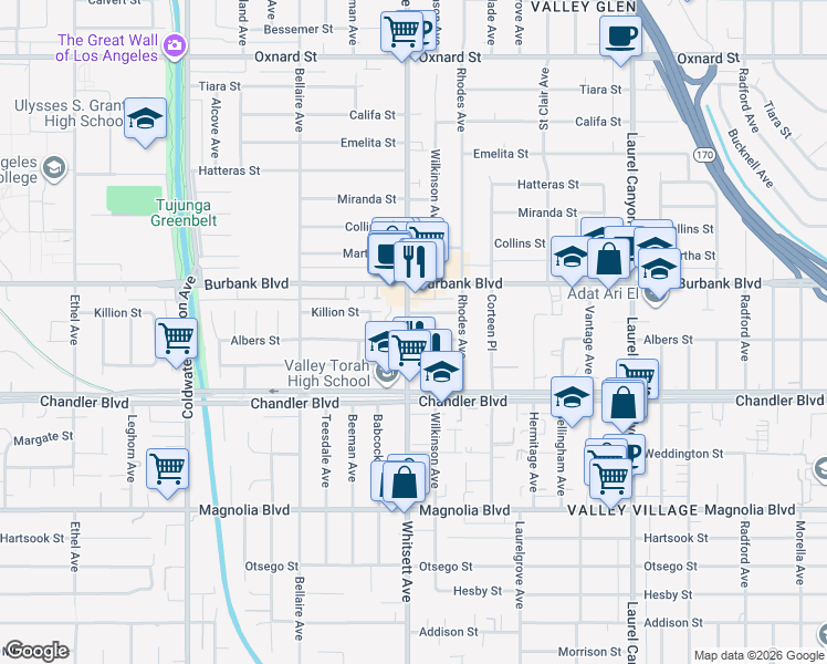 map of restaurants, bars, coffee shops, grocery stores, and more near 5453 Whitsett Avenue in Los Angeles