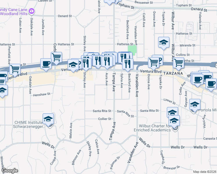 map of restaurants, bars, coffee shops, grocery stores, and more near 5454 Aura Avenue in Los Angeles