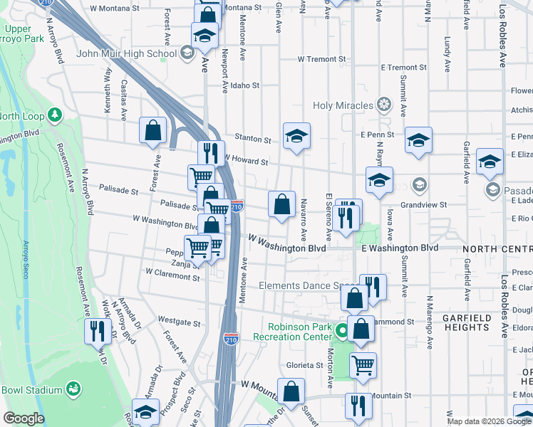map of restaurants, bars, coffee shops, grocery stores, and more near 256 Macdonald Street in Pasadena