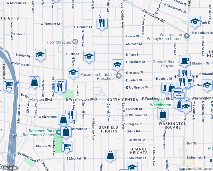 map of restaurants, bars, coffee shops, grocery stores, and more near 275 Robincroft Drive in Pasadena