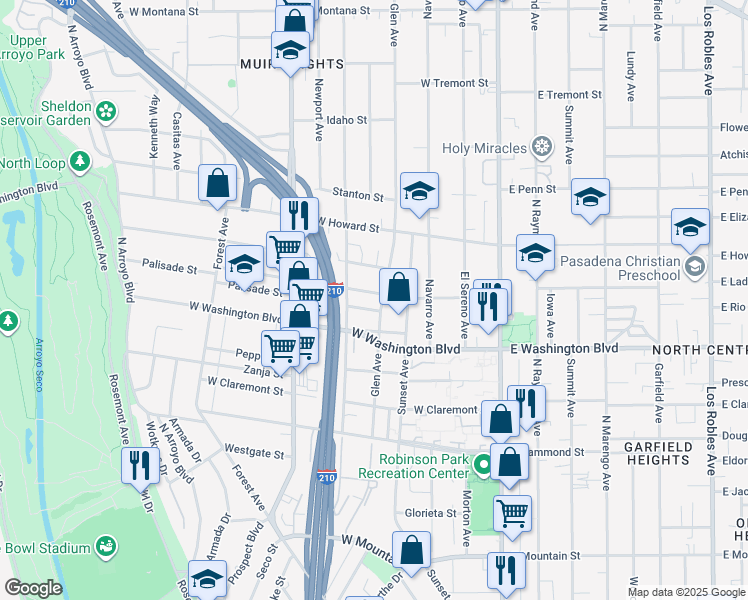 map of restaurants, bars, coffee shops, grocery stores, and more near 284 Palisade Street in Pasadena