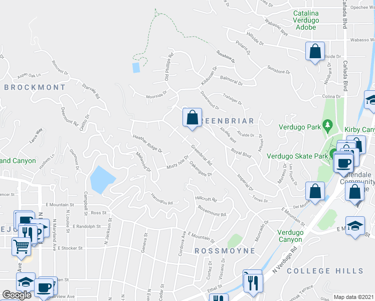 map of restaurants, bars, coffee shops, grocery stores, and more near 1664 Oakengate Drive in Glendale