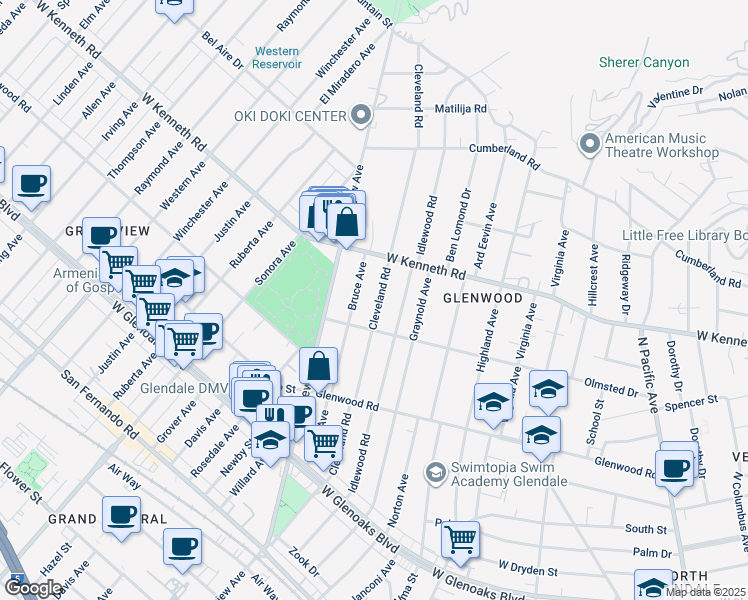 map of restaurants, bars, coffee shops, grocery stores, and more near 1411 Cleveland Road in Glendale
