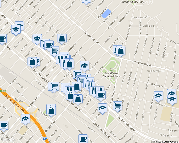 map of restaurants, bars, coffee shops, grocery stores, and more near 1130 Ruberta Avenue in Glendale