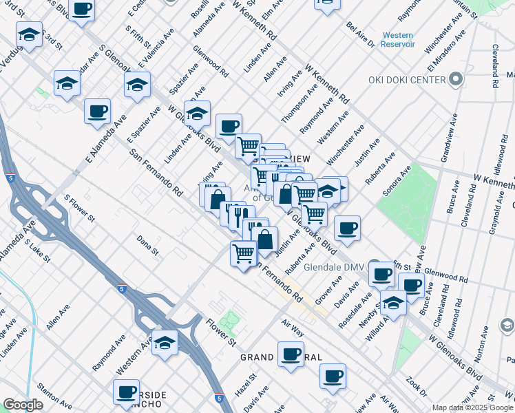 map of restaurants, bars, coffee shops, grocery stores, and more near 1049 Winchester Avenue in Glendale