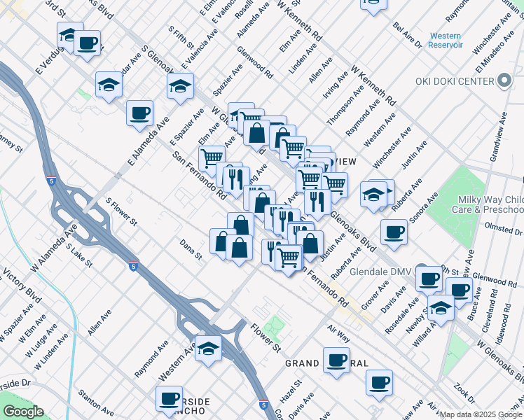 map of restaurants, bars, coffee shops, grocery stores, and more near 1011 Raymond Avenue in Glendale