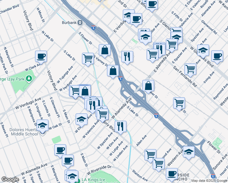 map of restaurants, bars, coffee shops, grocery stores, and more near 822 South Lake Street in Burbank