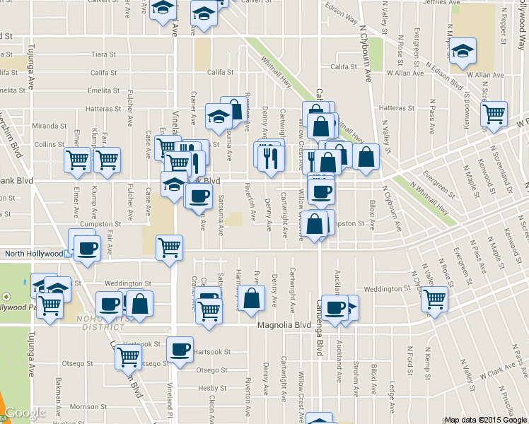map of restaurants, bars, coffee shops, grocery stores, and more near 5503 Denny Avenue in Los Angeles