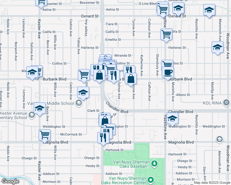 map of restaurants, bars, coffee shops, grocery stores, and more near 5455 Sylmar Avenue in Los Angeles