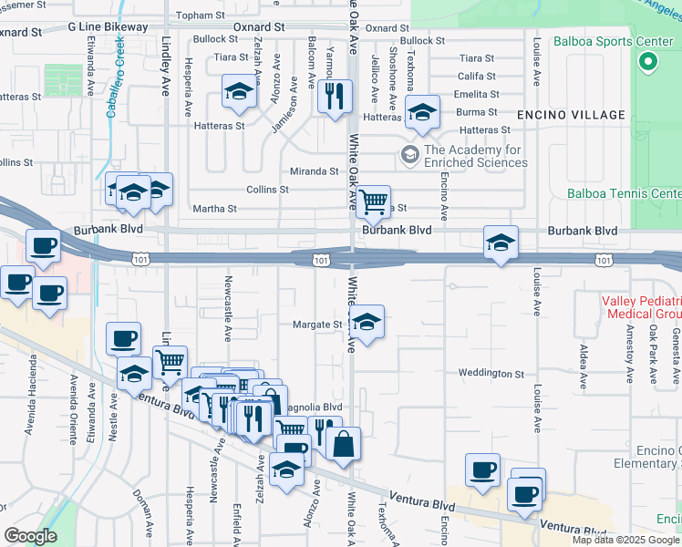 map of restaurants, bars, coffee shops, grocery stores, and more near 5447 White Oak Avenue in Los Angeles