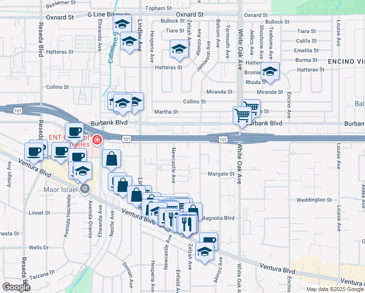 map of restaurants, bars, coffee shops, grocery stores, and more near 5446 Newcastle Avenue in Los Angeles